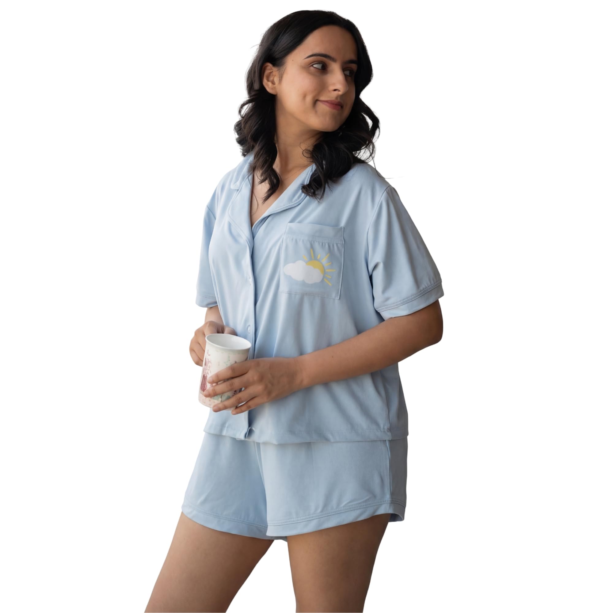 halfpeach Dreamer Night Suit Shorts Set, Soft Lightweight Pajama Set for Women | Pastel Blue-picture-17