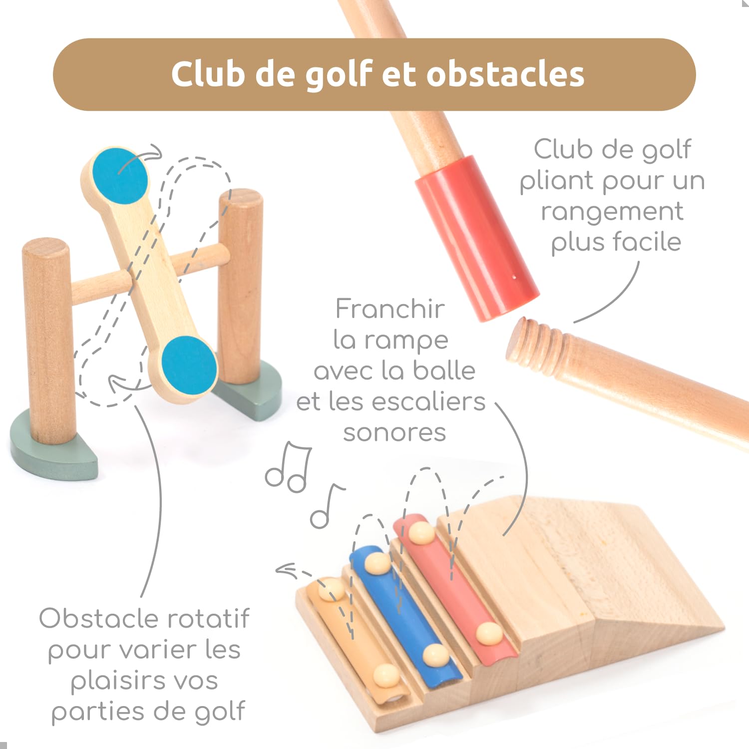 umu® Mini Golf en Bois pour Enfants – 6 Obstacles, Jouets d'intérieur et d'extérieur avec balles et Clubs de Golf – Jouet éducatif créatif pour garçons et Filles à partir de 3, 4, 5, 6 Ans