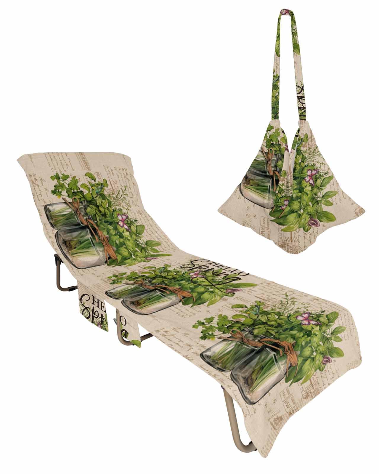 Hello Spring Beach Lounge Chair Towel Cover, Soft Chaise Lounge Towel with Side Pockets Patio Pool Chairs Cover for Beach/Pool Sunbathing 29x85 Pastoral Green Botanical Rustic