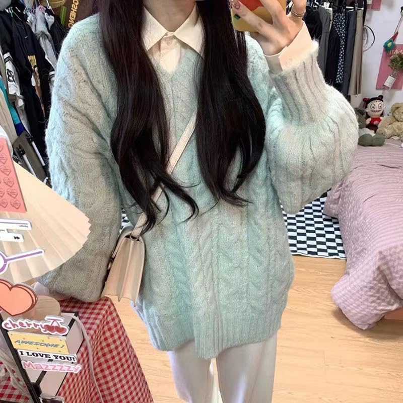 Image of Women's Y2K Oversized Chunky Cable Knit Sweater Casual Long Sleeves V Neck Pullover Tops