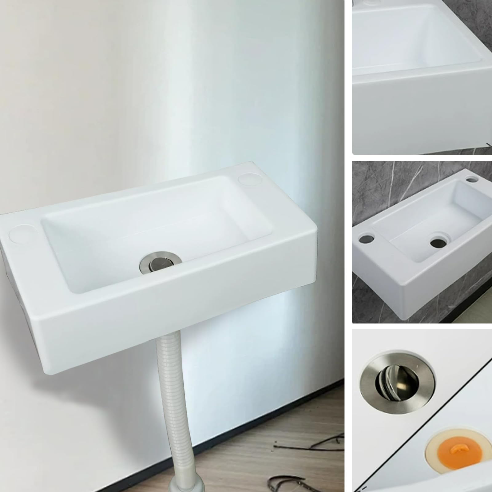 Fregadero rectangular simple, pequeño lavabo blanco, lavabo de plástico montado en la pared, blanco, apto para uso en interiores y exteriores [tubo de drenaje de cabeza de plástico de 75 cm]