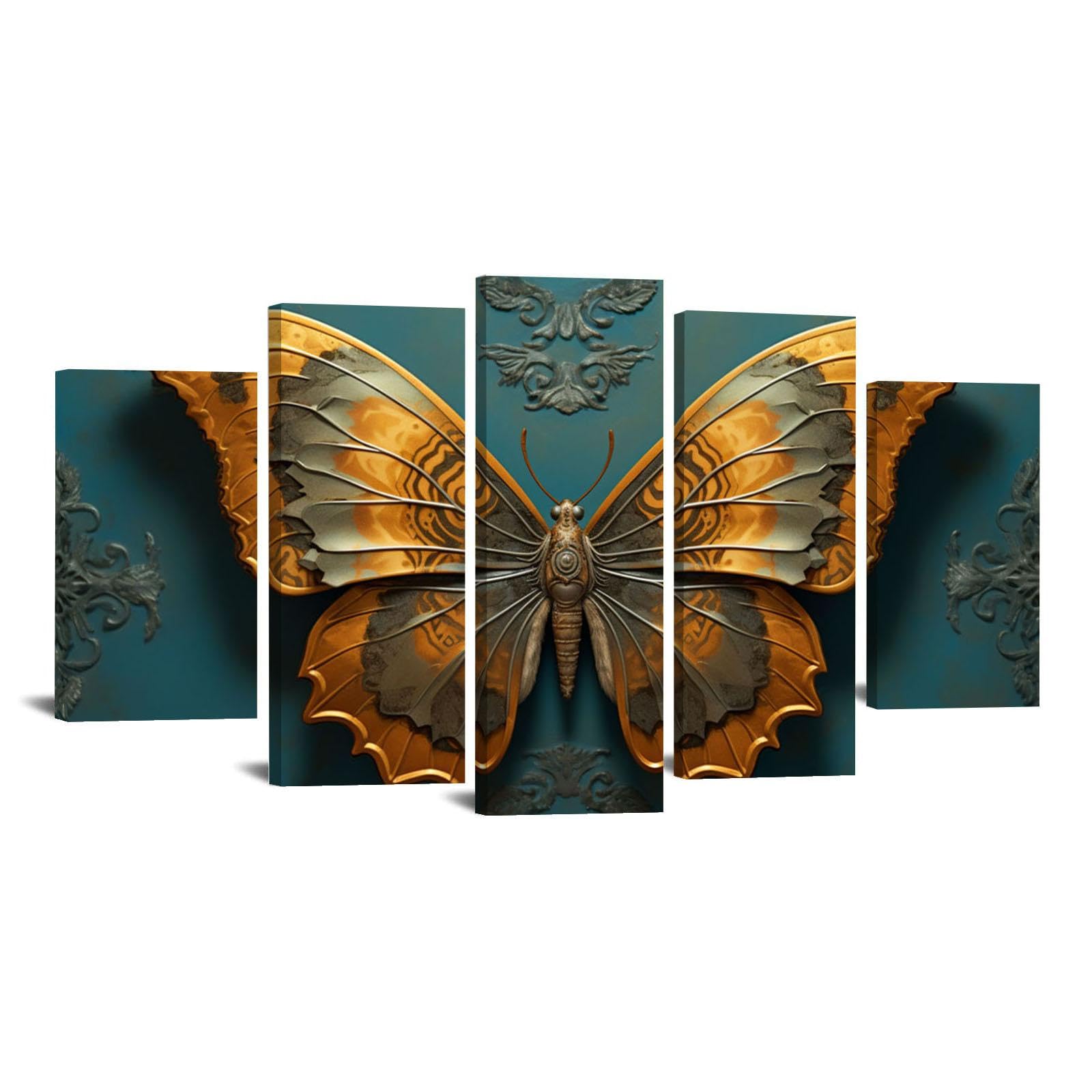 SHYAMIC 5 Piezas Cuadro Lienzo Abstracto, Arte de mariposa vintage Pintura Cartel HD Impresión de Imagen Salon baño Comedor dormitorio Decoración de pared - 75x150cm Enmarcado