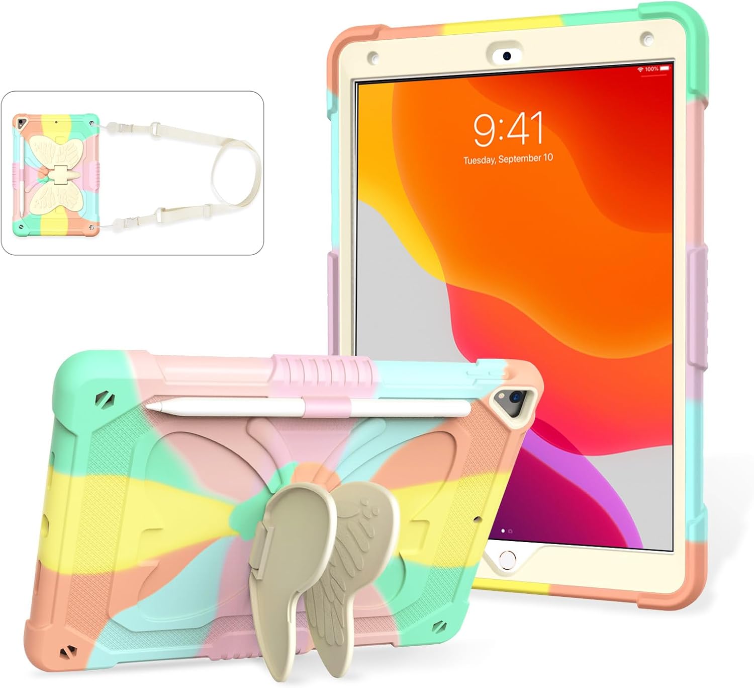 for iPad 9th 8th 7th Generation Case 10.2 inch with Butterfly Kickstand, Shoulder Strap, Pencil Holder Cute Rugged Cover for Kids Girls for iPad 2021 2020 2019 Purple