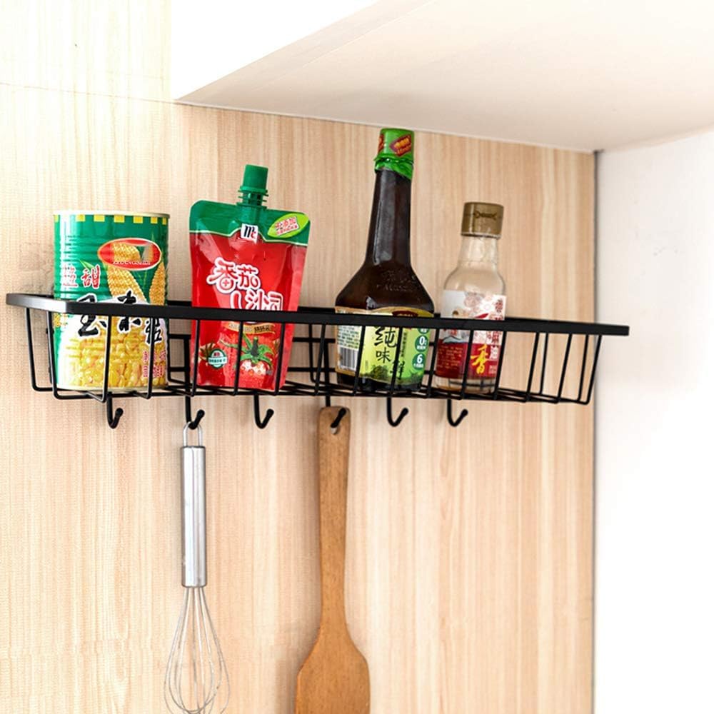 Dayish GI Metal Wall Mount Kitchen Spice Rack, Bathroom Shelf, Wardrobe Hanging Storage Shelf Holder and Bottle Storage Organizer Rack with 6 Hooks for Kitchen and Bathroom 1