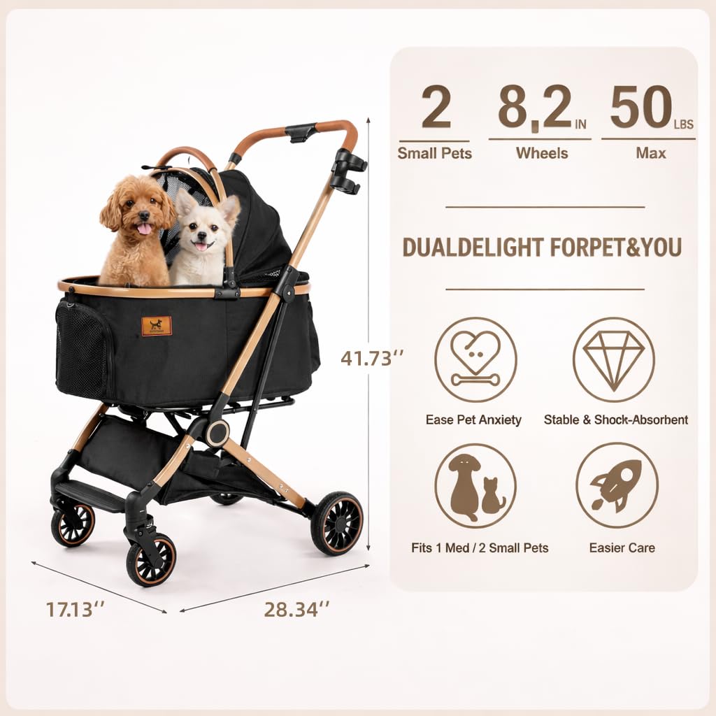 Dog Stroller with Detachable Carrier, Luxury 5 in 1 Pet Stroller for Small Dogs & Cats, Lightweight Foldable Cat Stroller with 360° Rotating Wheels, Travel Friendly, Detachable Pet Car Seat