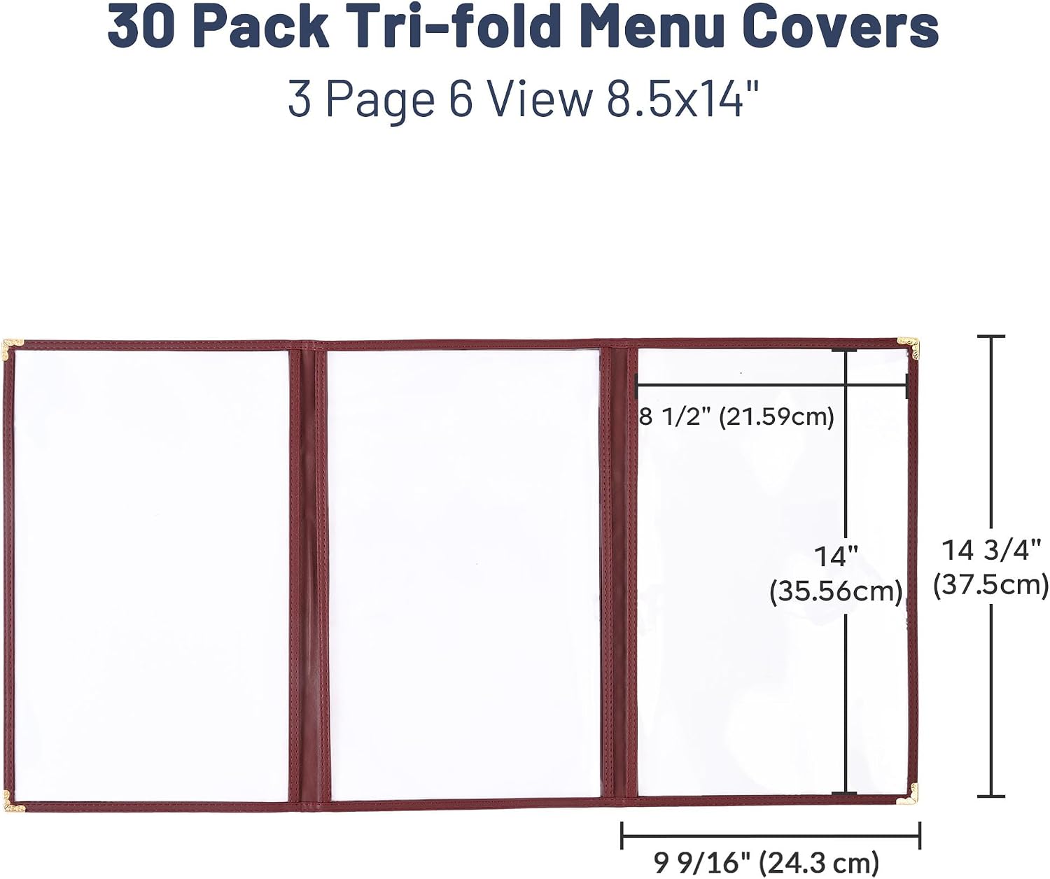 WeChef 30 Pack Menu Cover Triple Fold 6 View Double Stitch Trim Fit 8.5X14 Paper Transparent Cafe Restaurant Burgundy