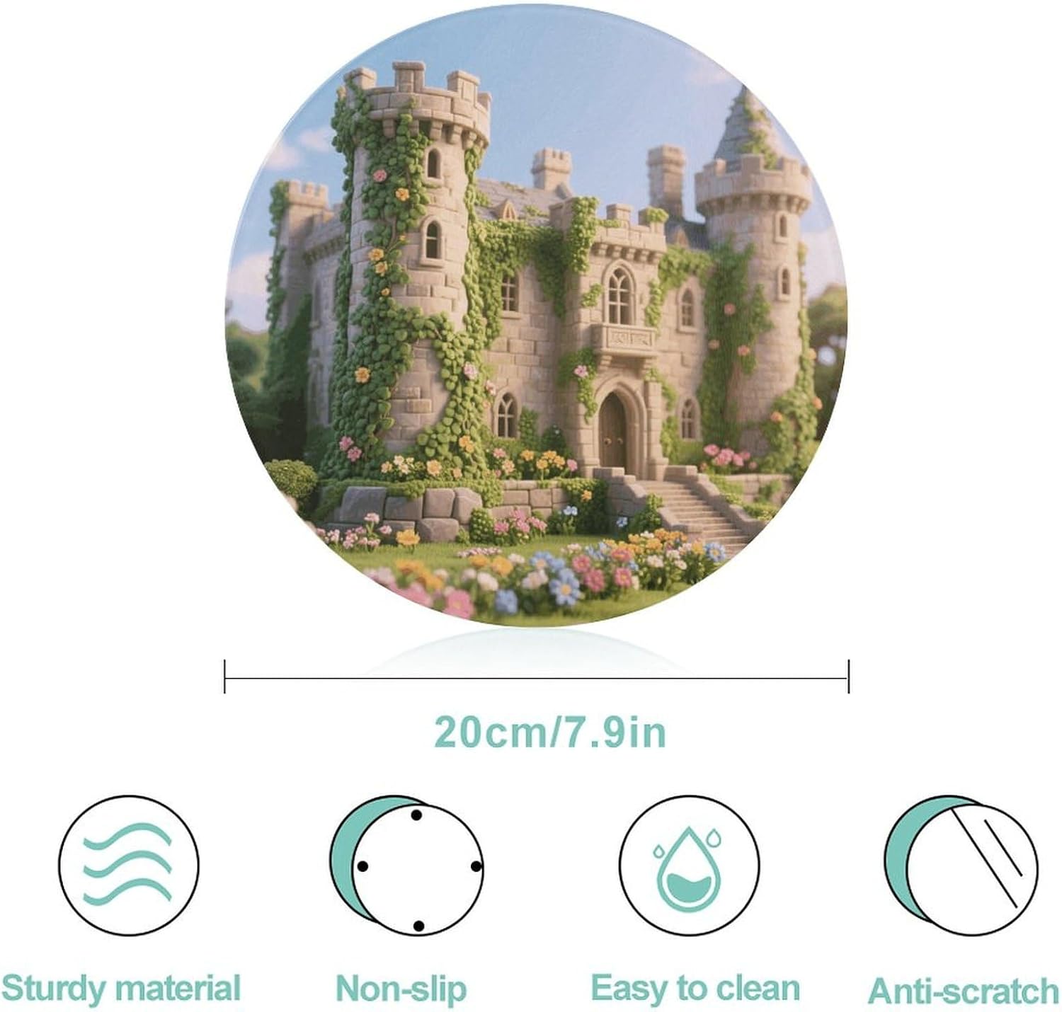 Ancient Castle Cutting Board Portable Small Chopping Boards Tempered Glass Kitchen Counter Protector Non-Slip Round Charcuterie Boards Mat for Bar Cheese Board