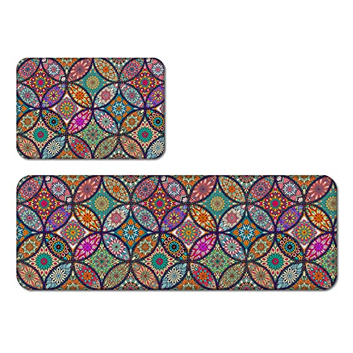 Subently Bohemian Kitchen Rugs Set Of 2 Mandala Kitchen Rugs And Mats Non Skid Washable Boho Kitchen Rug Runner Vintage Floral Anti Fatigue Mats For Kitchen Floor Farmhouse Kitchen Sink Carpet Mat #TOP3