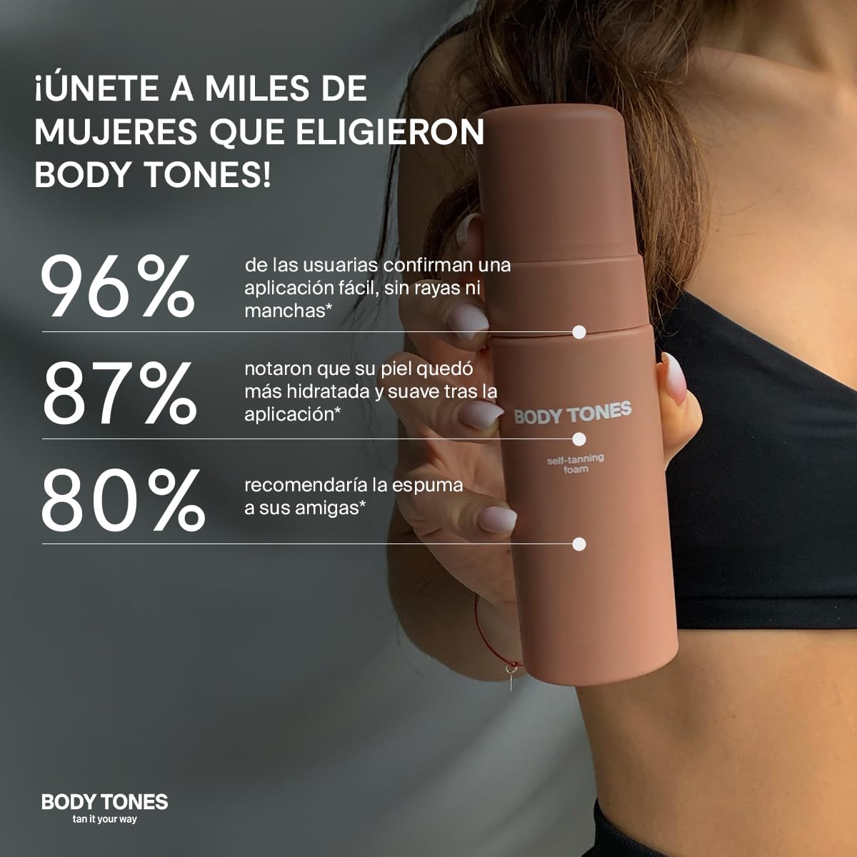 Body Tones Autobronceadora Corporal y Guante 155 ml - sin Manchas - Mousse Autobronceador que Hidrata y Contrarrestra los Efectos del Envejecimiento, el Efecto del Bronceado Natural
