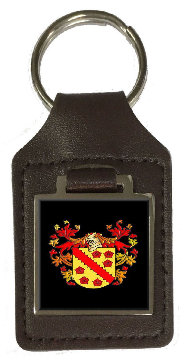 Schlüsselanhänger mit Wappen der Familie "Warner Familie", braunes Leder, graviert