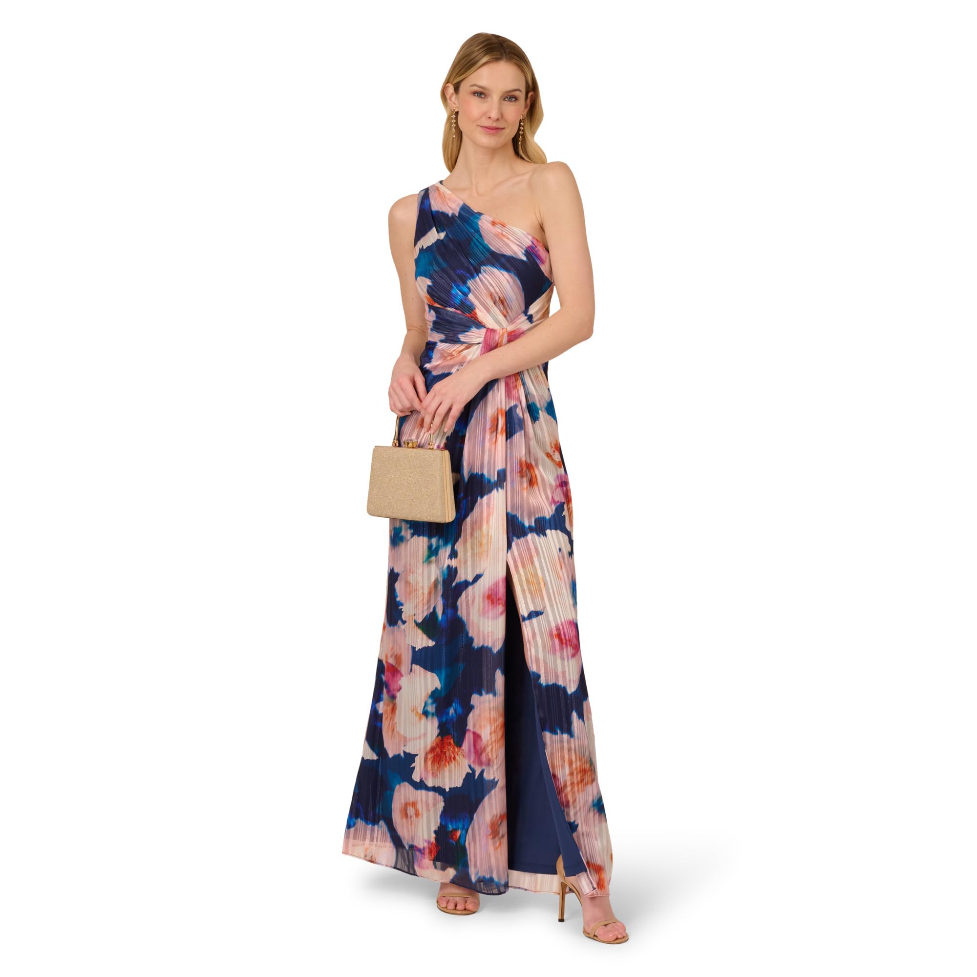 Adrianna Papell Women's Navy/Blush One Shoulder Chiffon Gown, 20