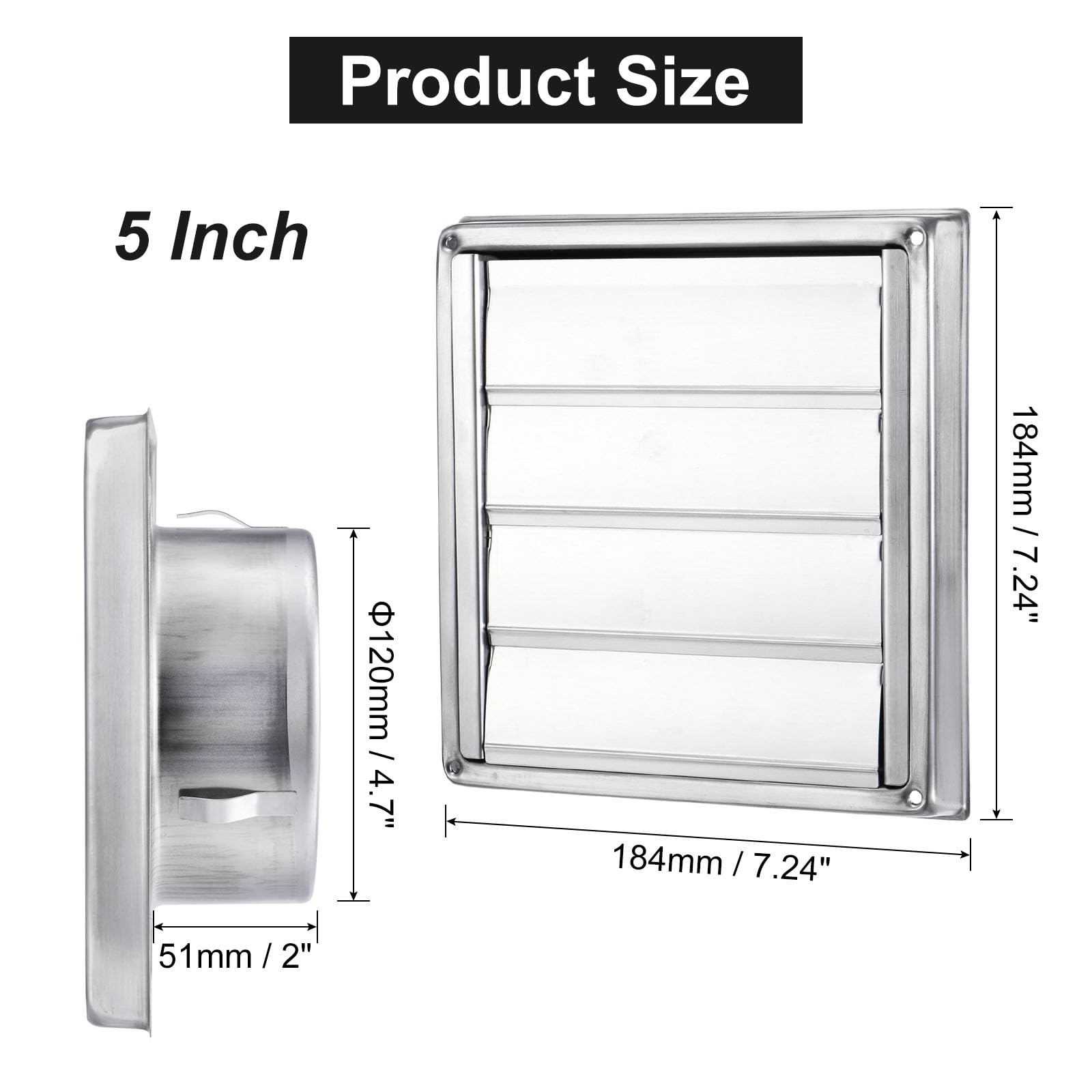 PATIKIL Dryer Vent Cover, 5 Inch, Stainless Steel Exterior Wall Outlet Vent Grille, Louvered with Moving Flap and Screen Mesh - Image 2