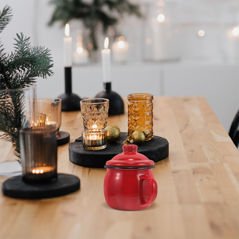 Halloween Mottoparty Emaille Kaffeebecher 2 Stück 580ml mit Deckel Rot | Leicht, Mikrowellengeeignet, Robust, für Reise und Büro, Schlichtes Design, Einfacher Transport, Emailliert
