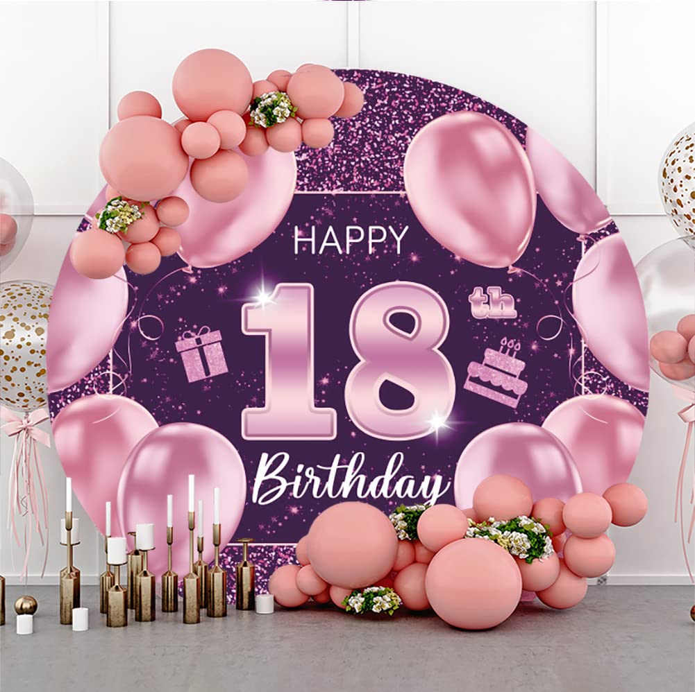 Ø 2 m różowe złoto 'Happy 18th Birthday' okrągłe tło różowy balon ciasto urodzinowe brokatowe cekiny czarne różowe gwieździste niebo dla słodkiej dziewczyny na 18 urodziny przyjęcie ciasto stół baner dekoracje