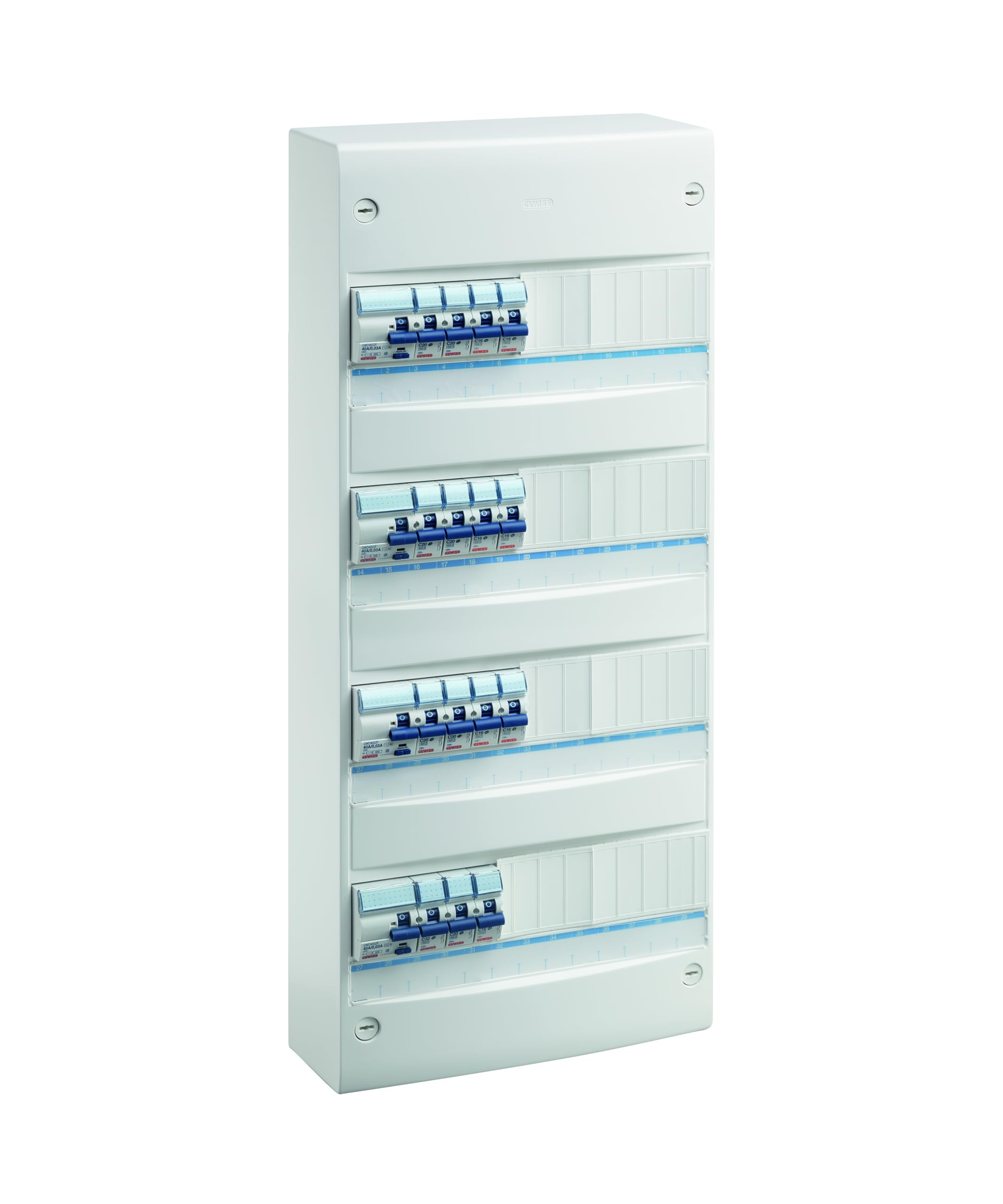 TABLEAU LOGEMENT PRÉÉQUIPÉ - À VIS - 4R 52 MODULES - 1 ID 2P 63A 30MA TYPE AC + 2 ID 2P 40A 30MA TYPE AC + 1 ID 2P 63A 30MA TYPE A + 15 DISJ. 1P+N: 7 X 16A, 7 X 20A, 1 X 32A
