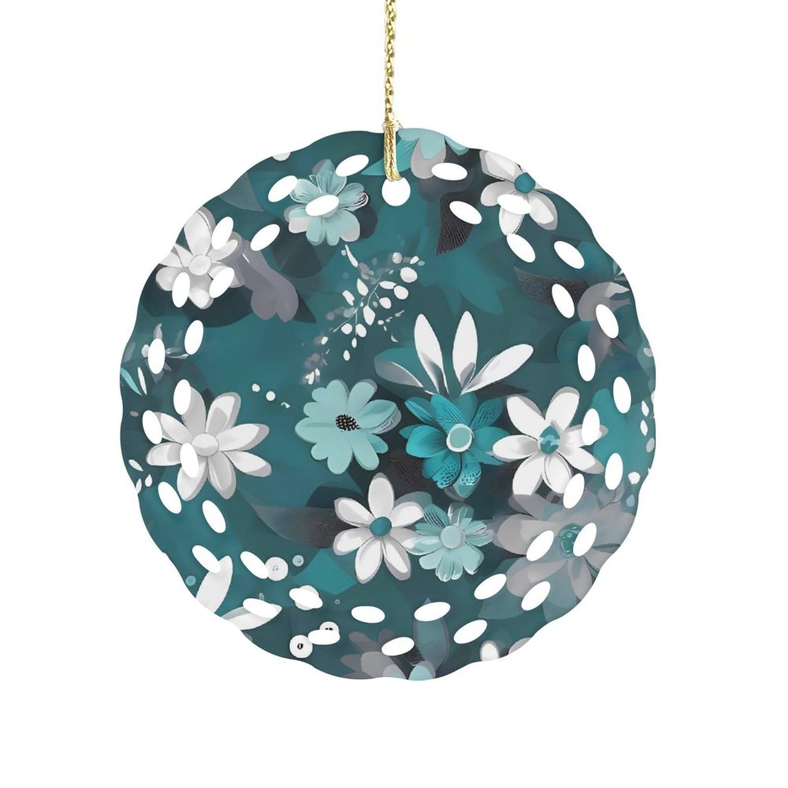Teal Grey and White Floral Christmas Ornament Holiday Hanging Decoration Xmas Tree Keepsake Personalized Xmas Tree Ornament Round Ceramic Ornaments for Keepsake Gifts Ideas Home Decor