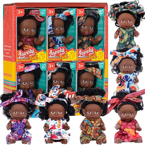 dollbie 6 Pack 4 Inch African Girl Dolls Set - Black Mini Dolls with Colorful Outfits & Hairbands – Gift for Girls 3-6, 6-12 Educational Toys &...