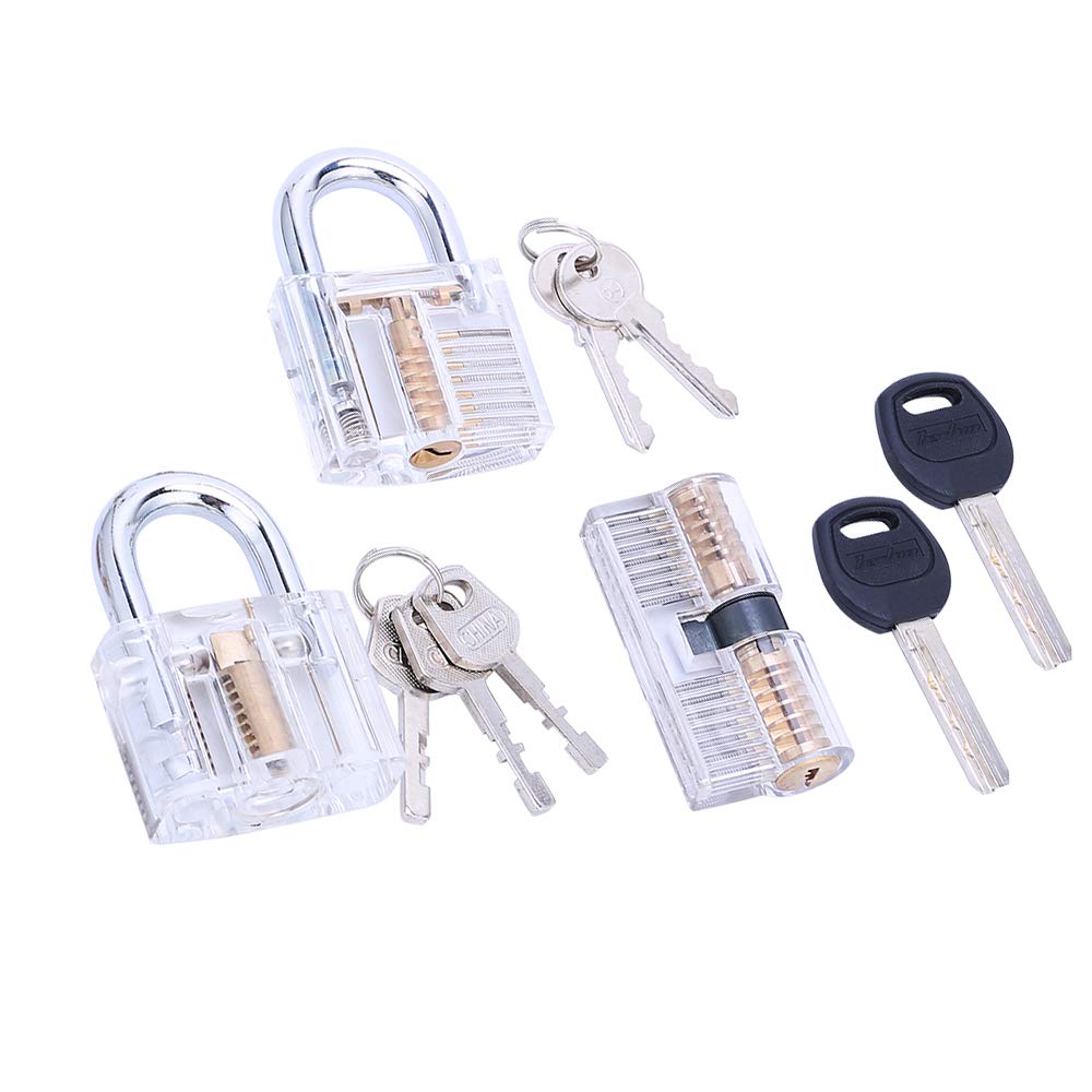 Loboo Idea 3-Piece Practice Lock Set for Beginner and Pro Locksmiths, Transparent Training Cutaway Crystal Pin Tumbler Keyed Padlock, Blade Padlock, and AB Kaba Cylinder Lock (3 Pack, Padlock)