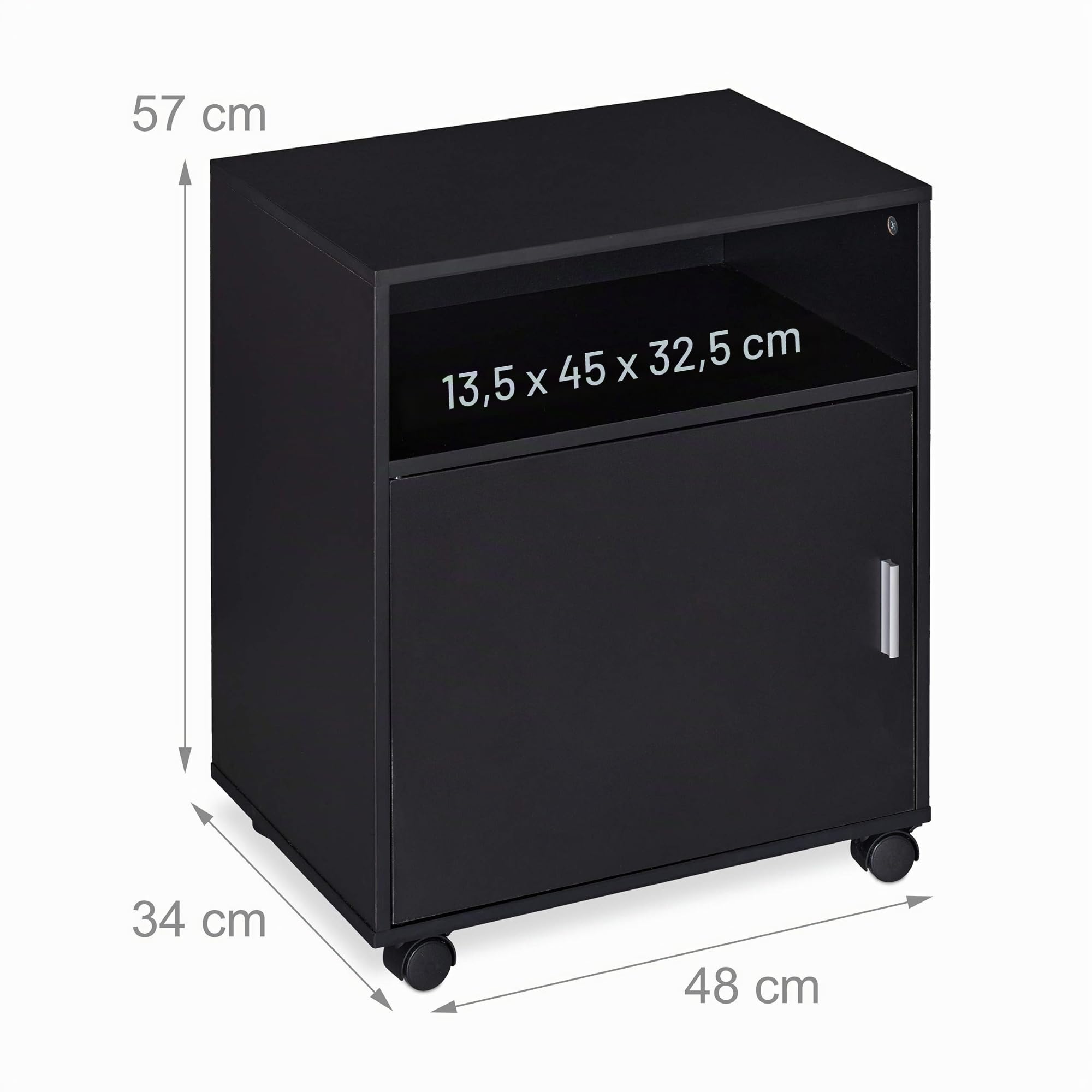 Relaxdays Mueble Auxiliar Impresora 3 Compartimentos y Puerta, Oficina y Teletrabajo, Ruedas, 57 x 48 x 34 cm, Negro