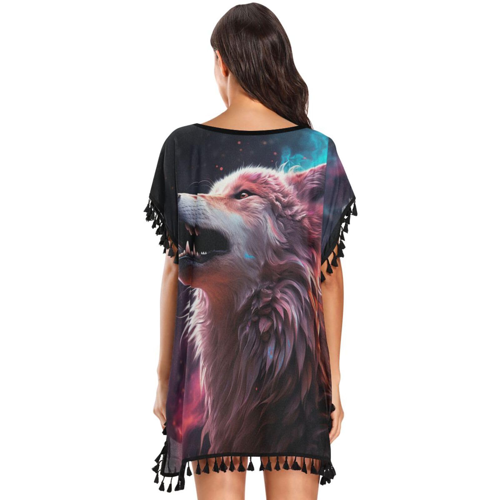 Galaxy Sad Wolf Art Women's Beach Cover Up Chiffon Tassel Swimwear Swimsuit Coverups for Girl