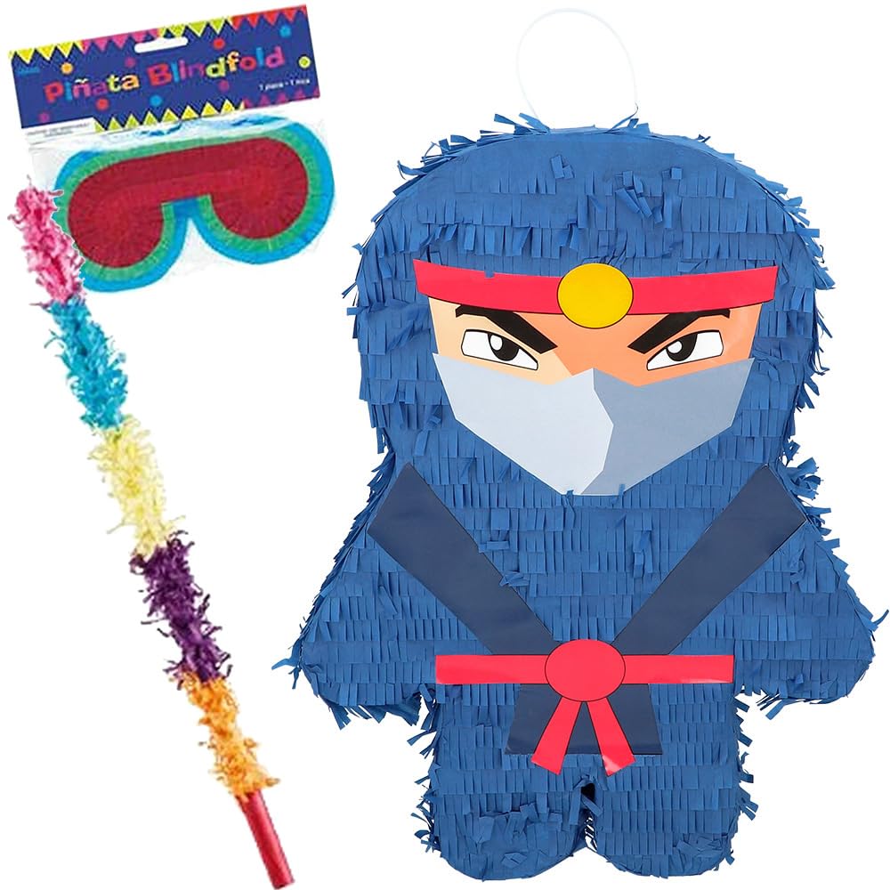 Pinata - Ninja, bâton de frappe et masque - Comme jeu et décoration pour anniversaire d'enfant et fête à thème - Dimensions : 45 x 34 x 10 cm - Compatible avec anniversaire Ninjago - Fête pour enfants