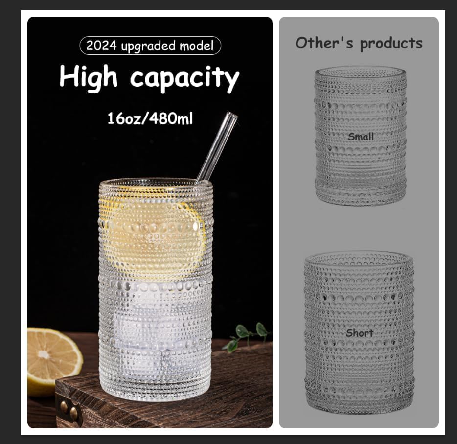 Miniatura 4 de Juego de 15 vasos de hobnail de 16 onzas  16.2 fl oz vintage con pajitas, tazas gruesas en relieve para agua, café helado, jugo, cócteles, cocina o