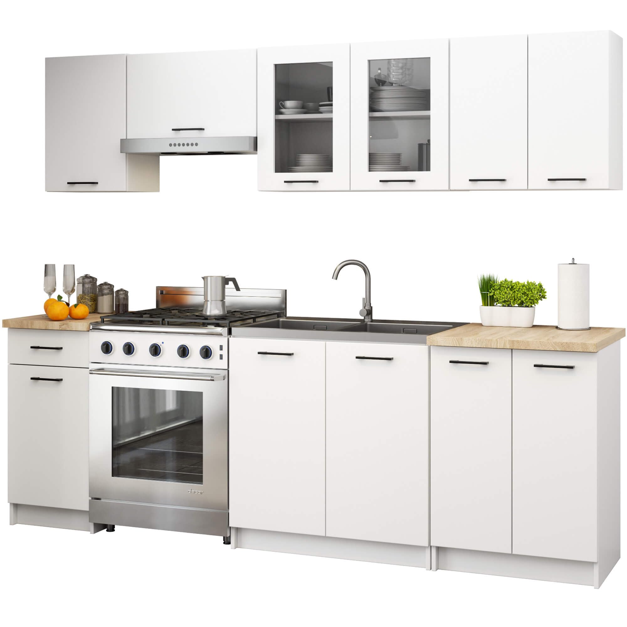 AKORD | Set di Mobili da Cucina Olivia 2.4m | Cucina Completa Piccola | Componibile | su Misura 46 x 240 x 203 cm | Per un design moderno e Tradizionale | Bianco