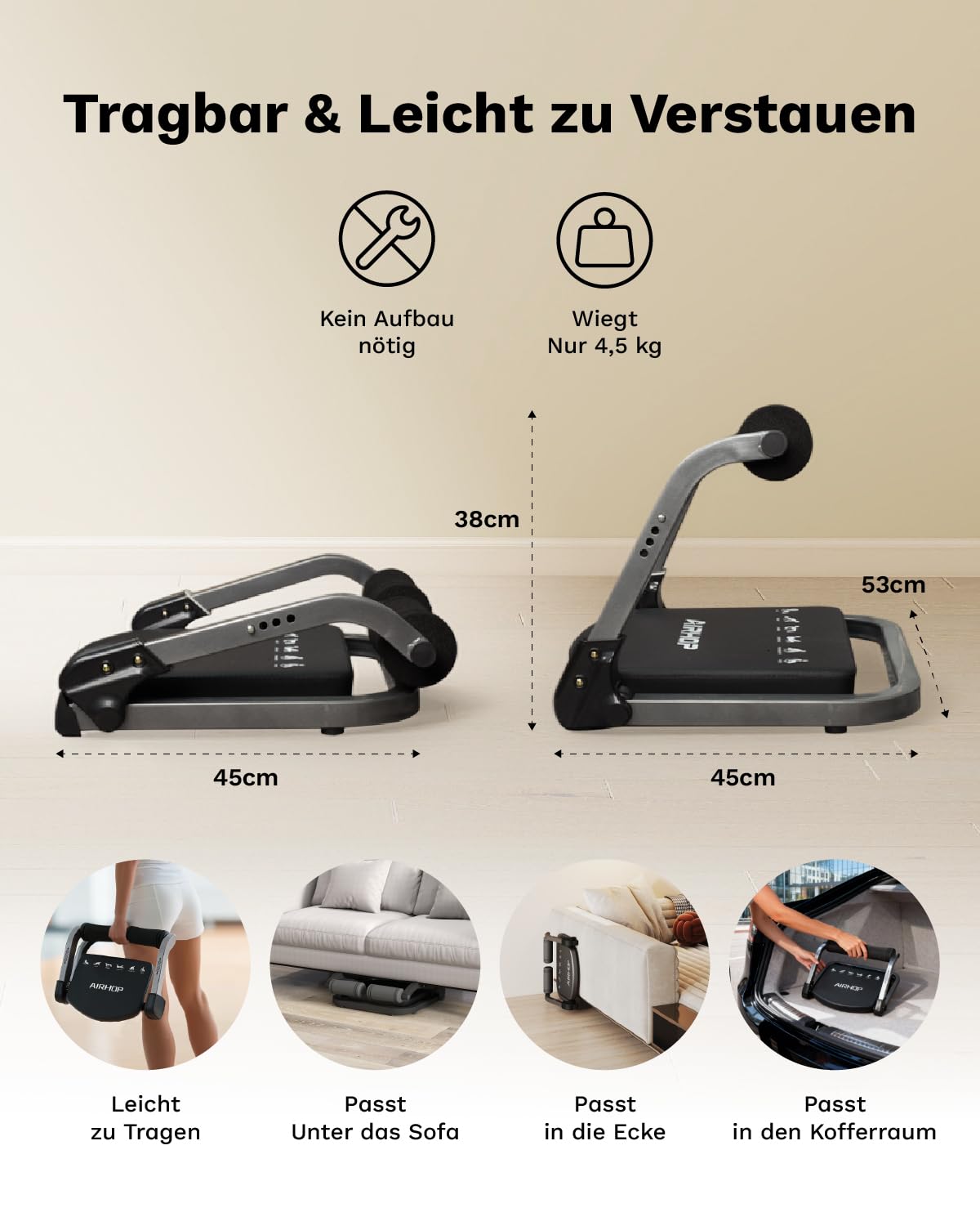 AIRHOP 8-in-1 Smart Core Ab Machine, klappbarer Bauchtrainer & Bauchmuskeltrainer bis 100 kg, Bauchtrainer für Zuhause & Büro, Ganzkörper-Workout Bauch Beine Po Trainingsgerät