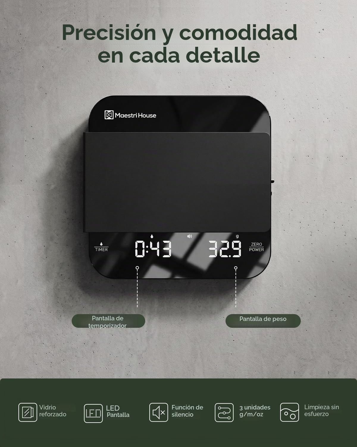 Báscula de Café Mini Recargable con Temporizador, Maestri House, Precisión 0.1g/2kg, para Espresso y Café de Filtro, Báscula Digital Portátil con Cronometraje Automático-Negro y Plata