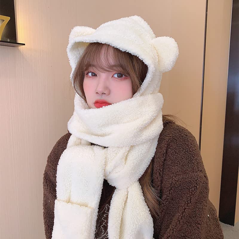 Winter Warm Fuzzy Long Hooded Hat Scarf and Gloves Set Kawaii Bear Ears Earflap Plush Thick Fleece Costume Accessories3