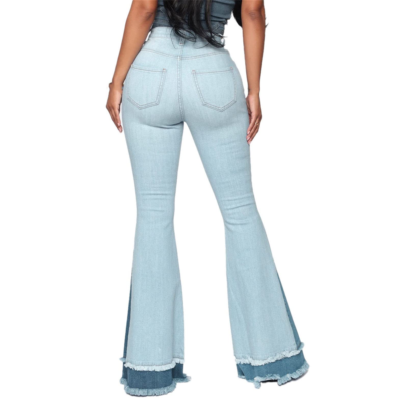 Maiyifu-GJ Women's Patchwork Ripped Flare Jeans Retro High Waisted Bell Bottom Denim Pants Destroyed Raw Hem Jean Trousers (Light Blue 2,Medium)