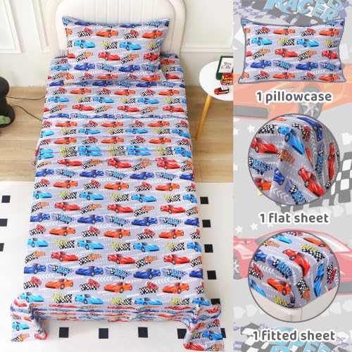 Image of Viviland 3 Pieces Boys Race Twin Sheet Set - Soft Microfiber Fitted Flat Sheets & Pillowcase Bed Sheet Set - Grey Race Print Bedding Sets for Kids