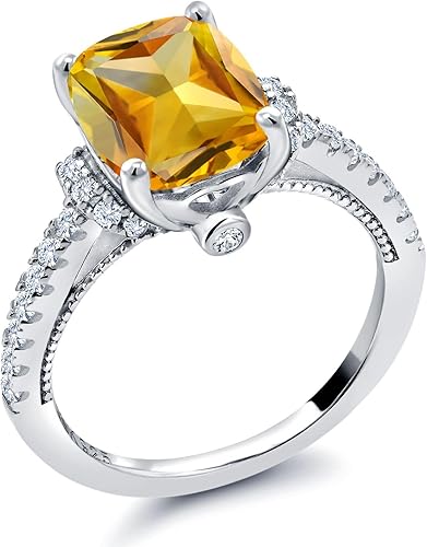 Vista 3 de Gem Stone King Anillo de plata de ley 925 con citrino amarillo y zafiro blanco para mujer