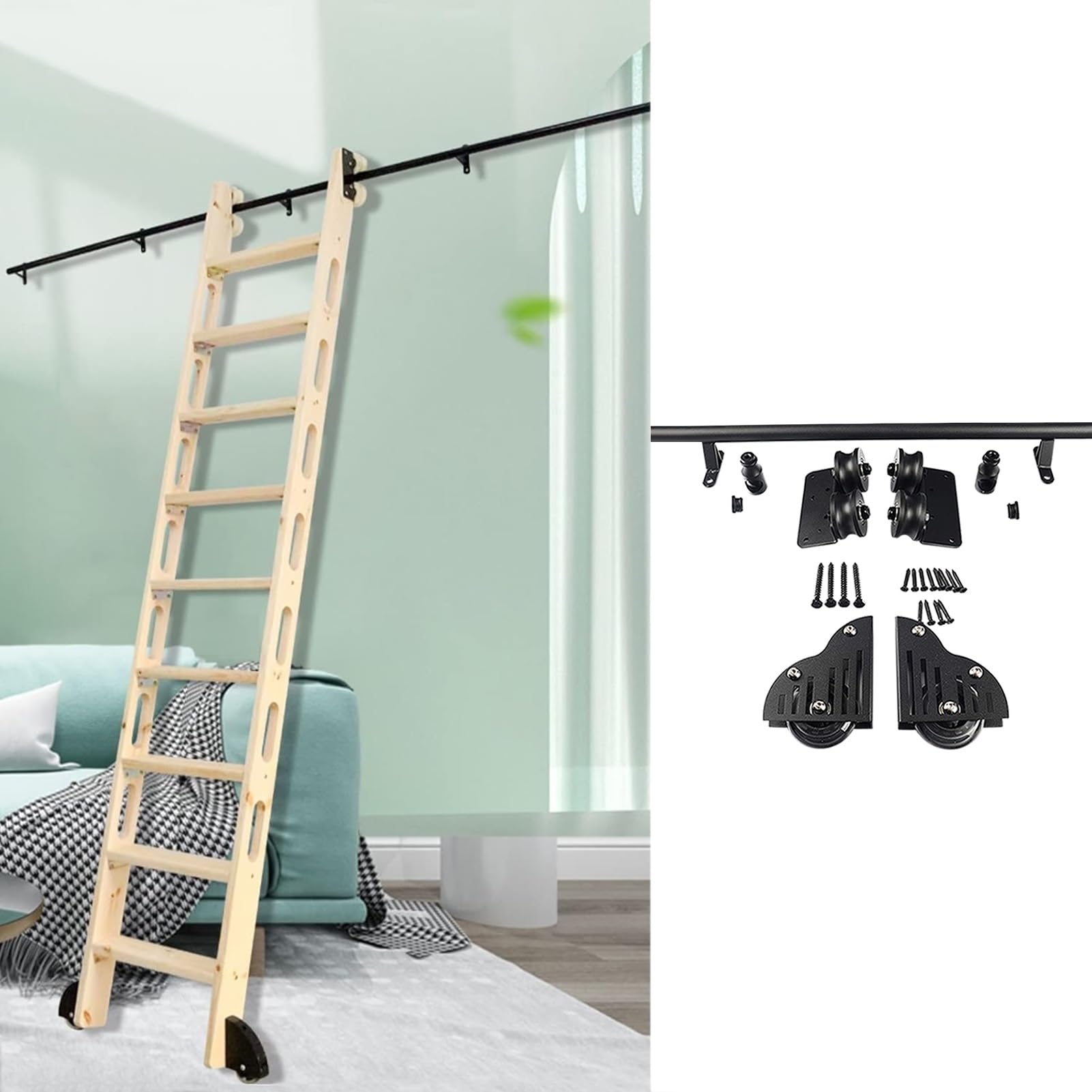 Kit de herramientas de escalera deslizante negra con ruedas de suelo, tubo de acero redondo para uso en interiores y hogares, no incluye escalera