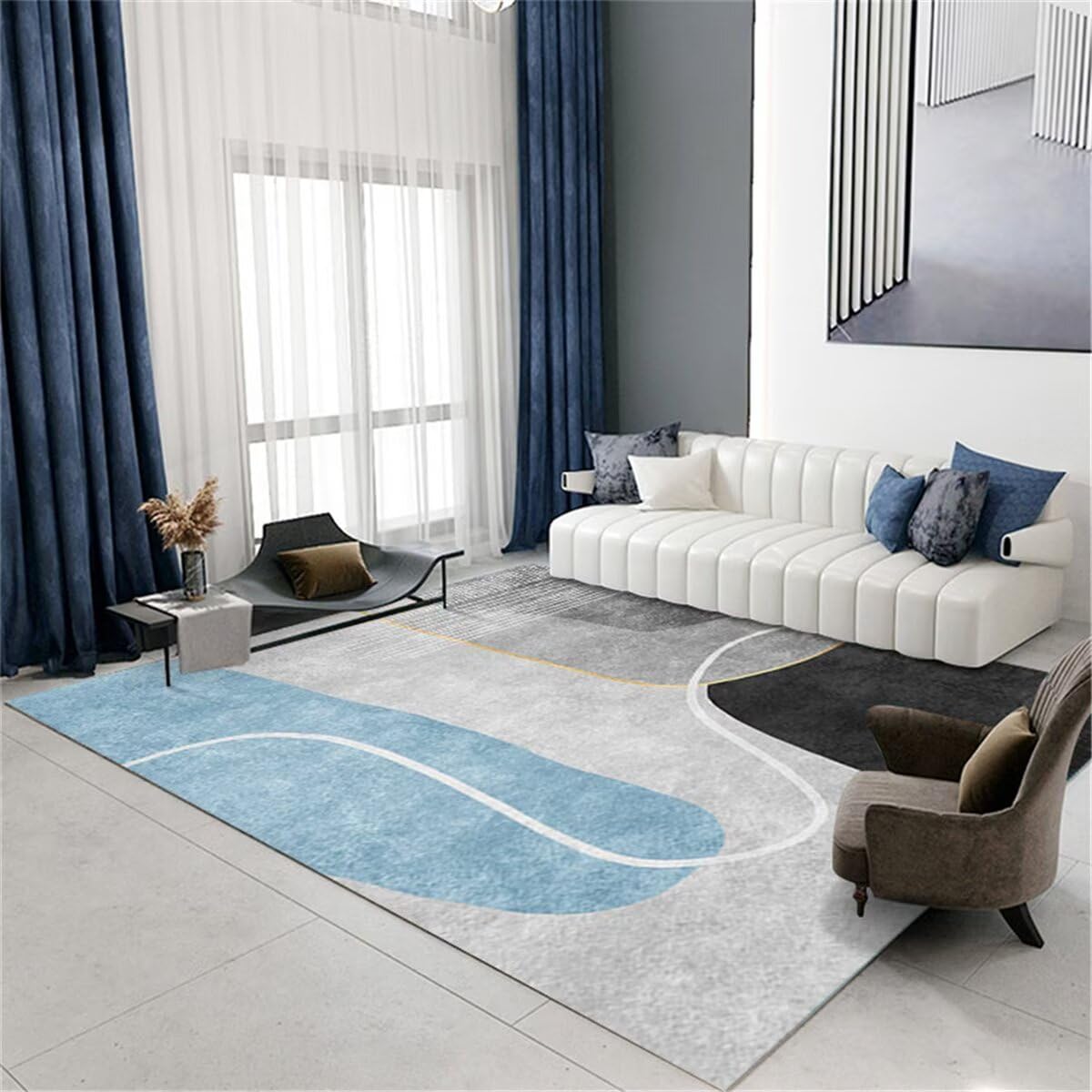 Tapis Extérieur Tapis D Exterieur Terrasse Décoration de Courbe de Ligne Peinte floue Gris-Bleu Chambre Bebe Meuble 60X120CM
