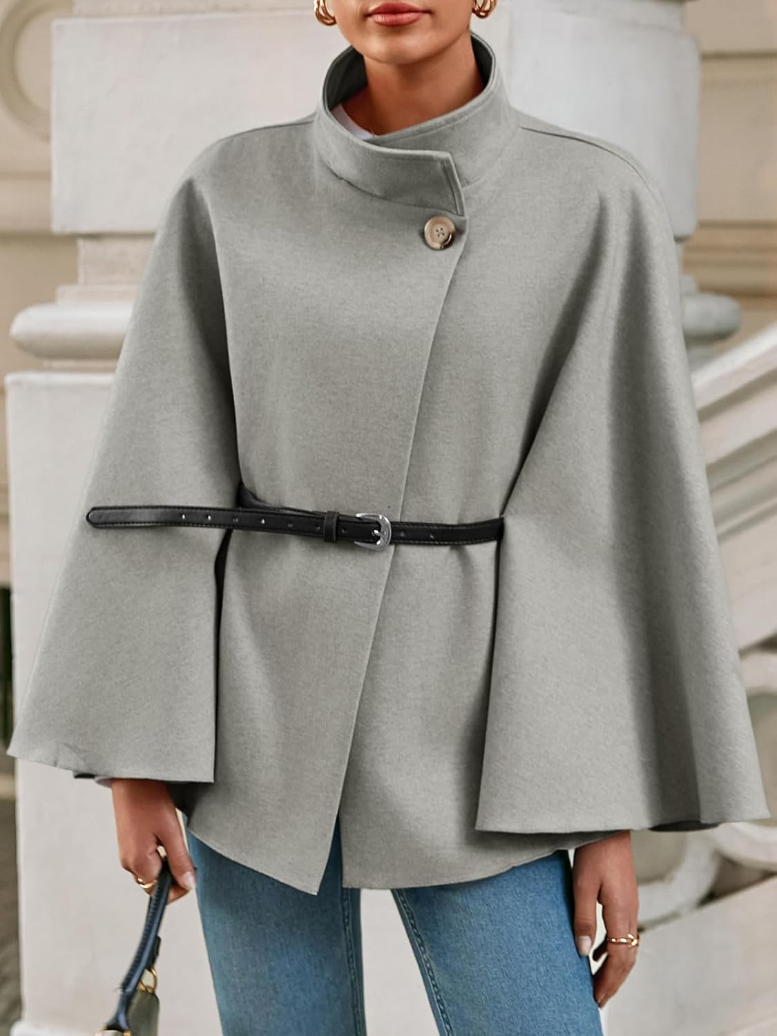 Cicy Bell Womens Batwing Sleeve Poncho Pea Coats Oversized Belted Trendy Casual Stand Collar Cloak Cape Coats - Image 2