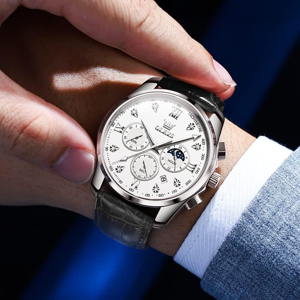 OLEVS Mens Watches Leather Chronograph Luxury Fashion Dress Analog Quartz Wrist Watch Luminous Waterproof Moon Phase Date