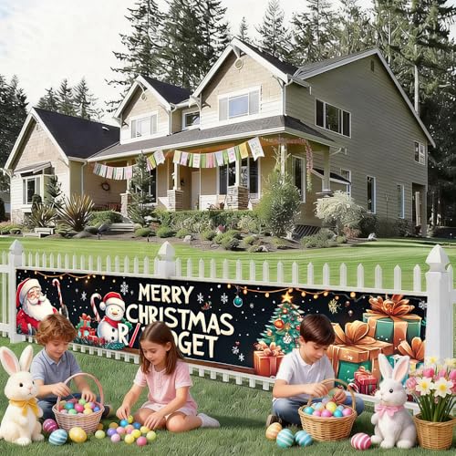 Image of Santa Gift Tree Banner 78.7 x 17.7 Inch Christmas Tree and Presents Scene on Dark Background Holiday Decoration for Yard Garden Fence Porch Patio or Outdoor Display Great for Winter Party Decor
