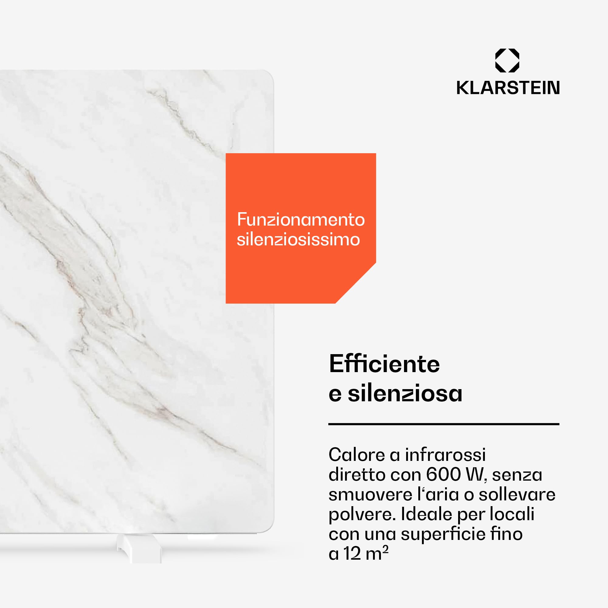 Klarstein Pannelli Radianti Infrarossi 600W – Parete o Indipendente, WiFi, Termostato, Timer, Sicurezza Bambini, IP43, Design Marmo, Riscaldamento a Infrarossi 12m², Bianco