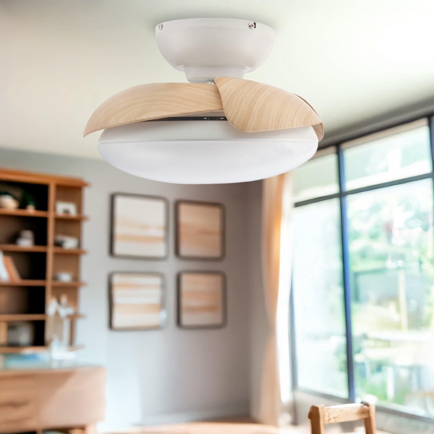 M Mimotec – Ventilateur de plafond LED Mushroom finition blanc bois naturel Ø72,5 cm, moteur DC silencieux, LED 24 W dimmable 3CCT 2700–6500 K, 2400 lm, télécommande, minuterie, fonction été/hiver.