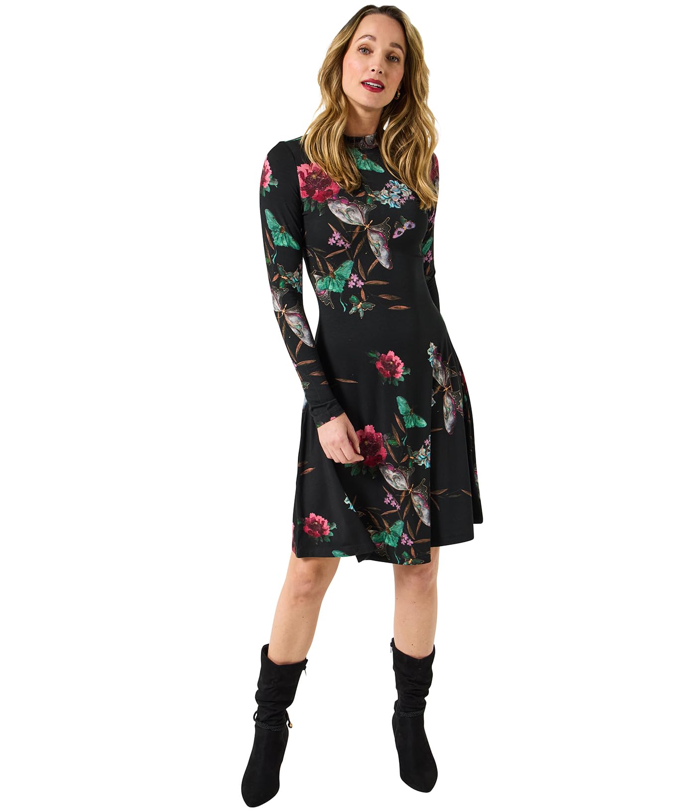 Joe Browns Women's Butterfly Print High-Neck Jersey Mini Dress, Regular, Black, UK 12