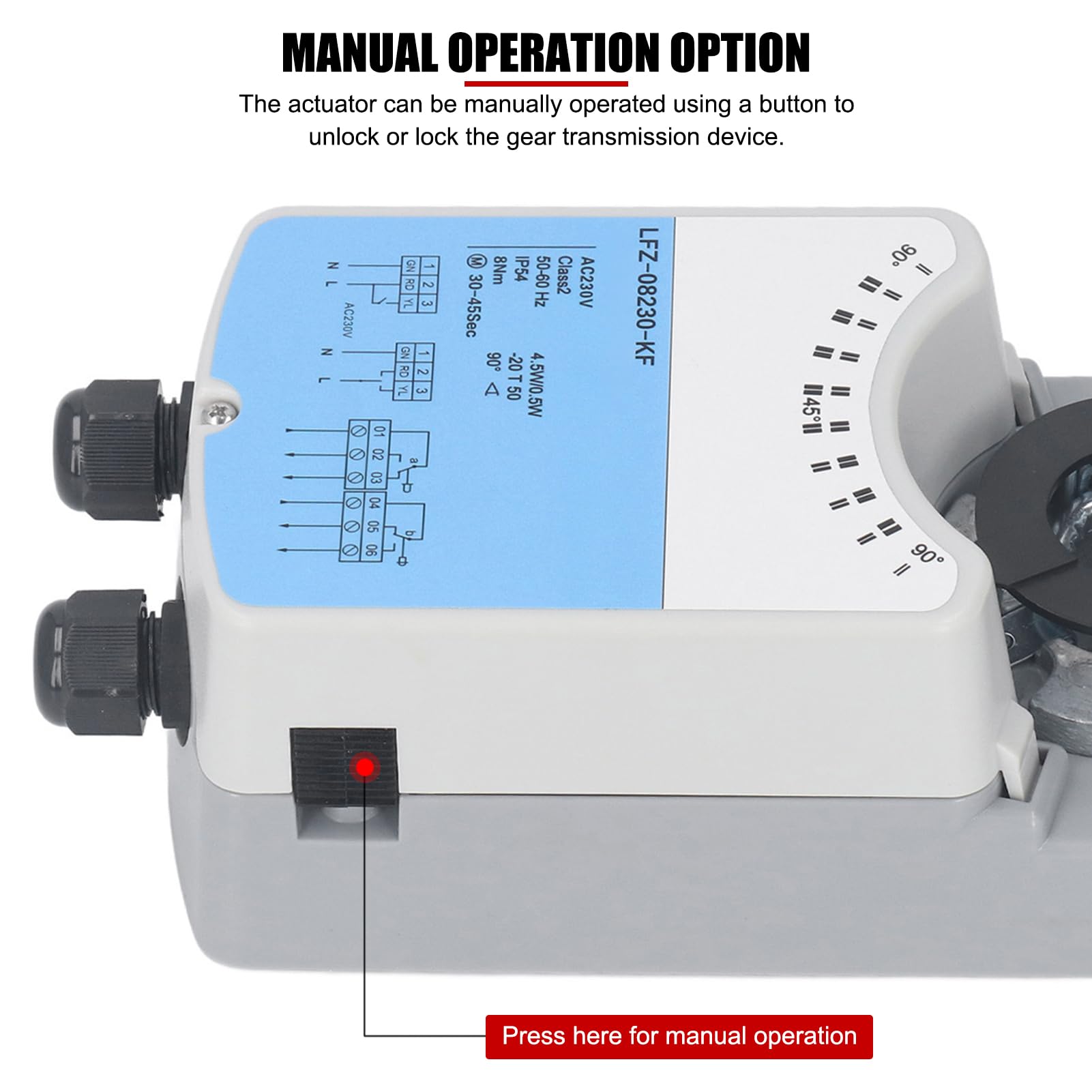 Attuatore elettrico per serranda da 230 V CA, coppia 8 Nm, con controllo on/off e interruttori ausiliari, per sistemi HVAC, ventilazione, unità di trattamento dell'aria e