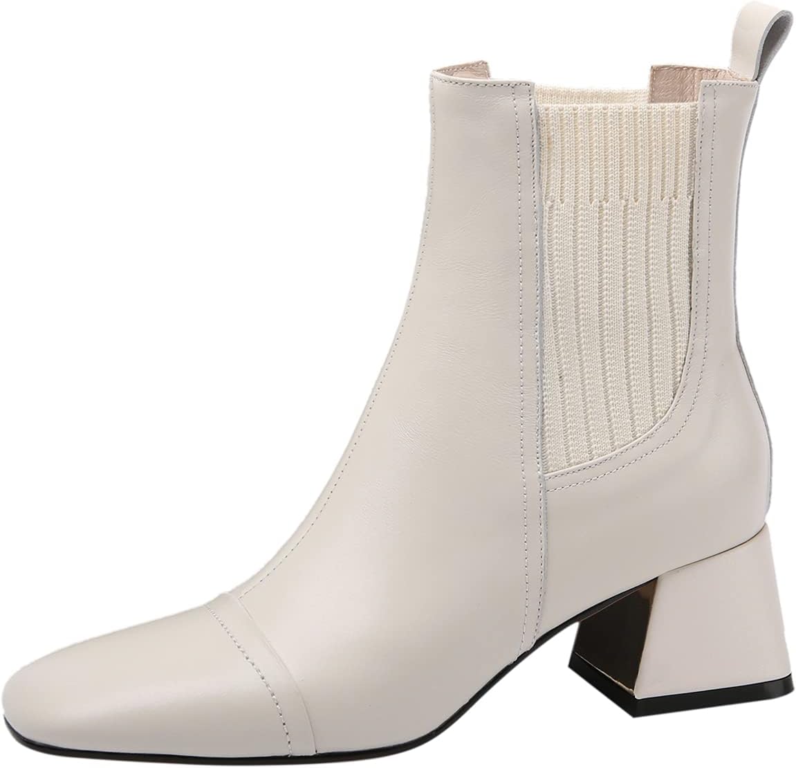 TinaCus Women's Handmade Genuine Leather Stretch Slip On Square Toe Chunky Heel Ankle Boots