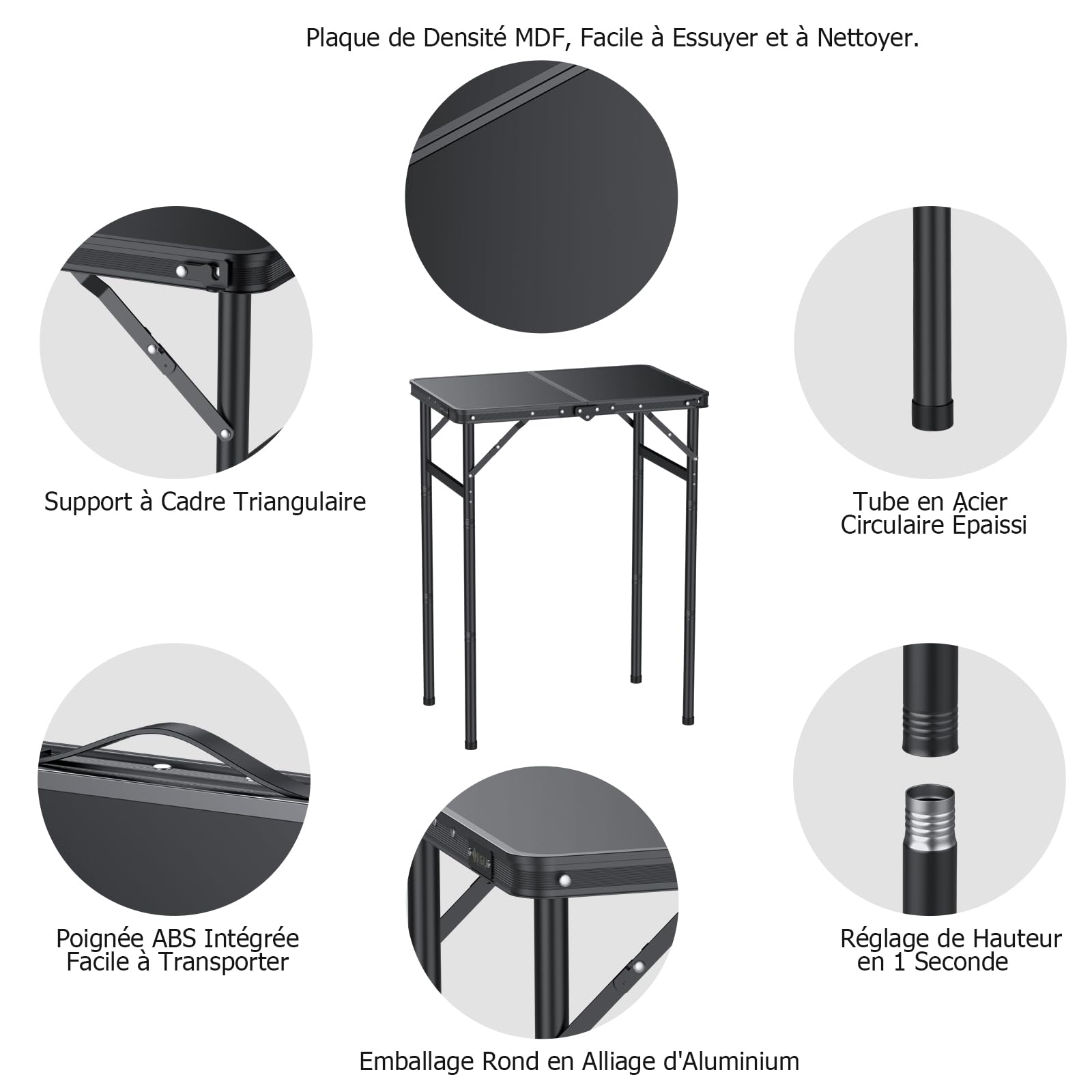 JiGiU Table de Camping Pliante 60x40cm avec 3 Hauteurs Réglables, Noir | Table de Pique-Nique Supportant 30kg, Portable et Légère, en Aluminium et MDF pour Extérieur et Intérieur, Jardin, Plage