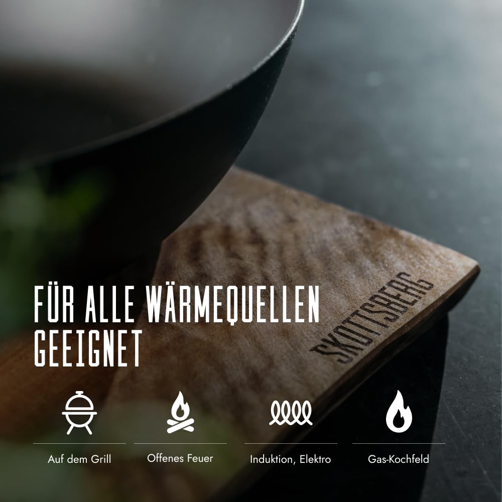 SKOTTSBERG Carbonstahl Wok - Ø 24 cm – vorgebrannt & PFAS‑frei, 2,5 mm Boden, hitze- & Kratzfest - für Induktion, Gas, Ceran, Grill & Ofen