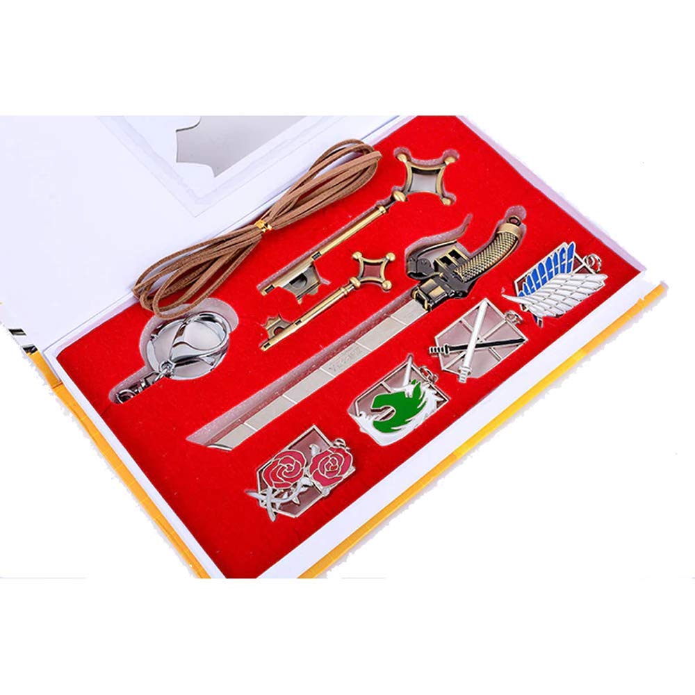 AOT Shingeki No Kyojin Wall Maria Rose Sina Gold Badge Dual Weapon Sword Blade Pendant Charm Necklace Eren's Key Keychain Cosplay Accessory Jewelry Set in a Collection Box, Red, Large