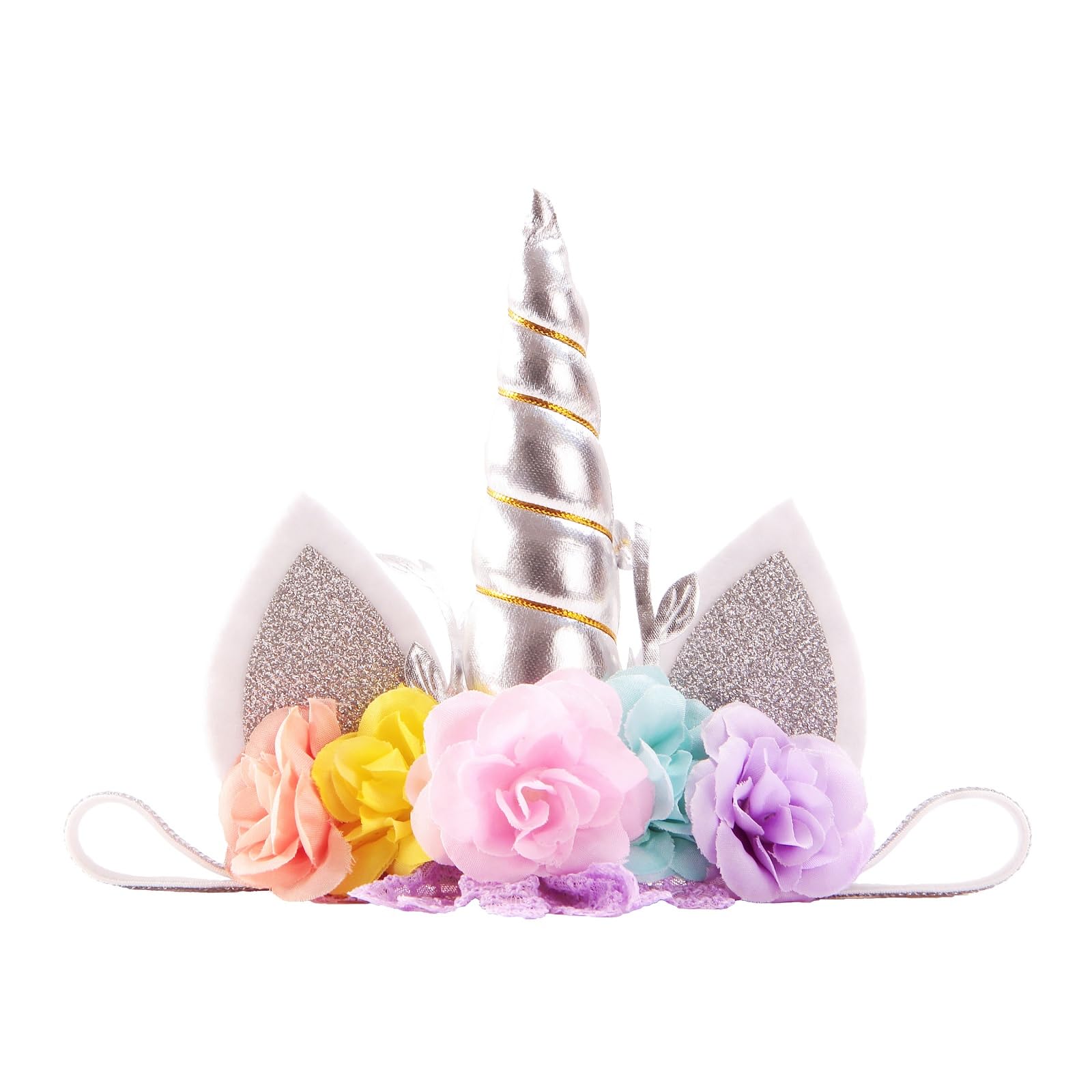 Nishine Roses Floral Unicorn Horn Headband Elastic Baby Girls Unicorn Hairband Party Supplies (Silver&Pink)