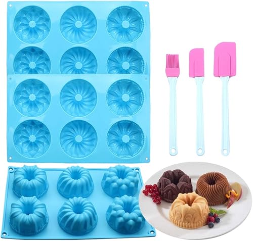 Haploon Juego de 3 moldes para tartas de 6 cavidades, mini moldes de gelatina de silicona con 2 espátulas y cepillo de aceite, diseño antiadherente