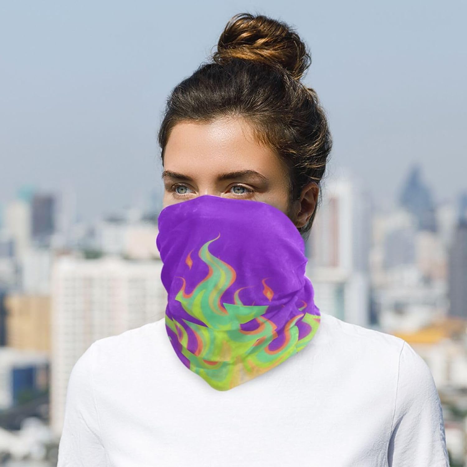 Purple Fluorescent Cool Flame Hot/Cold Weather UV protection womens neck gaiter Multipurpose hair band cloth face mask for Sports Skiing halloween costumes mascarillas para el sol