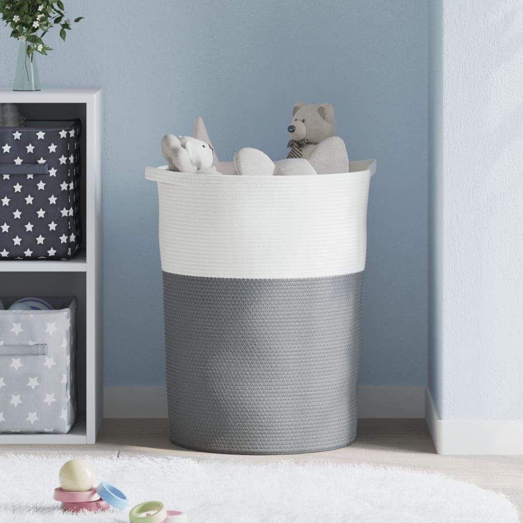 Tidyard Aufbewahrungskorb, Wäschekorb Geflochten Faltbar, Rund Flechtkorb Korb mit Griffen, Wäschesammler Spielzeugkorb, Grau Weiß Ø49x65cm Baumwolle